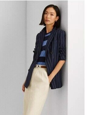 Lauren Ralph Lauren Navy Pinstripe Double-Breasted Twill Blazer